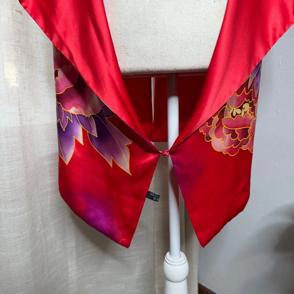 100% Silk Peony Wrap Shawl Floral Frog Knot Red Pink Purple Asian Art Drape